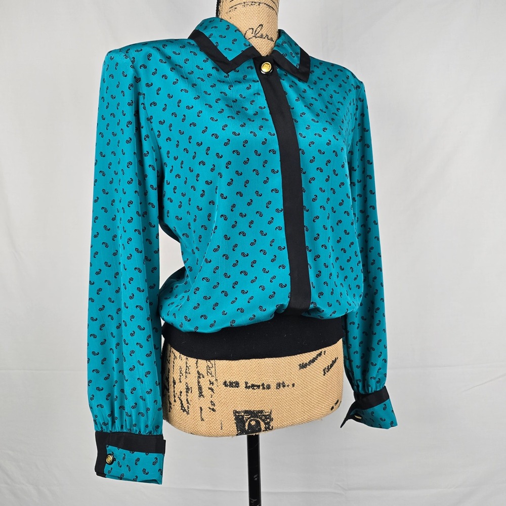 Vintage 80s Andrea Gayle Teal Paisley Pleated Skirt Set Blouse 2pc Suit Size 12 - Picture 10 of 16